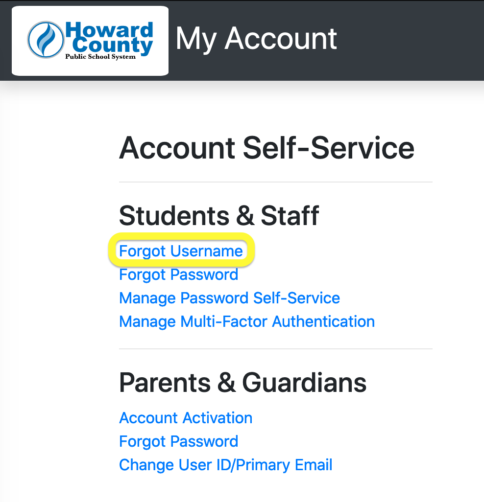 Screenshot of the account self-service page with the Forgot Username link highlighted.