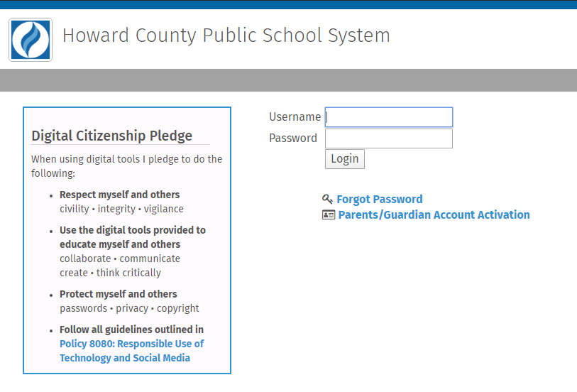 Screenshot of the HCPSS login page.