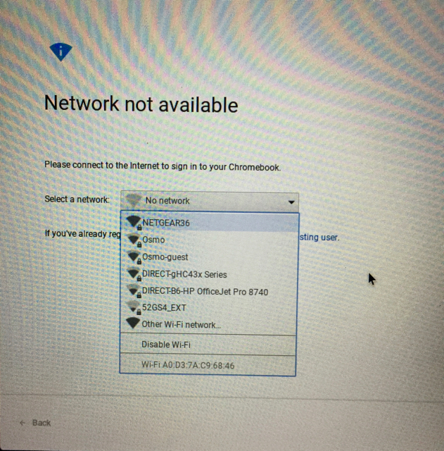 Screenshot of the Network not available window showing a network being selected.